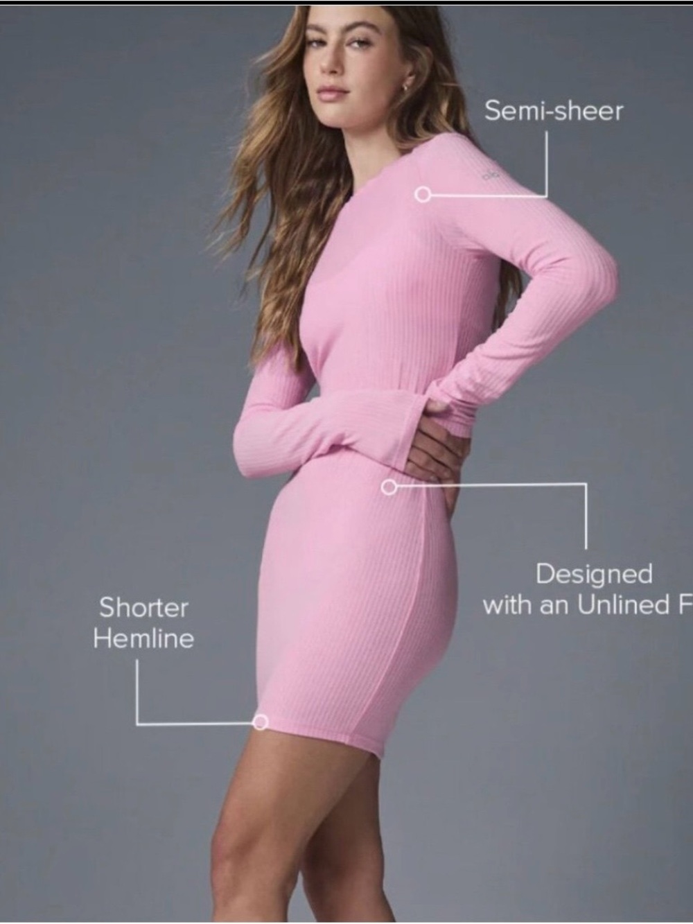Alo Ribbed Sea Coast Long Sleeve Dress SWEET PINK.  NWT